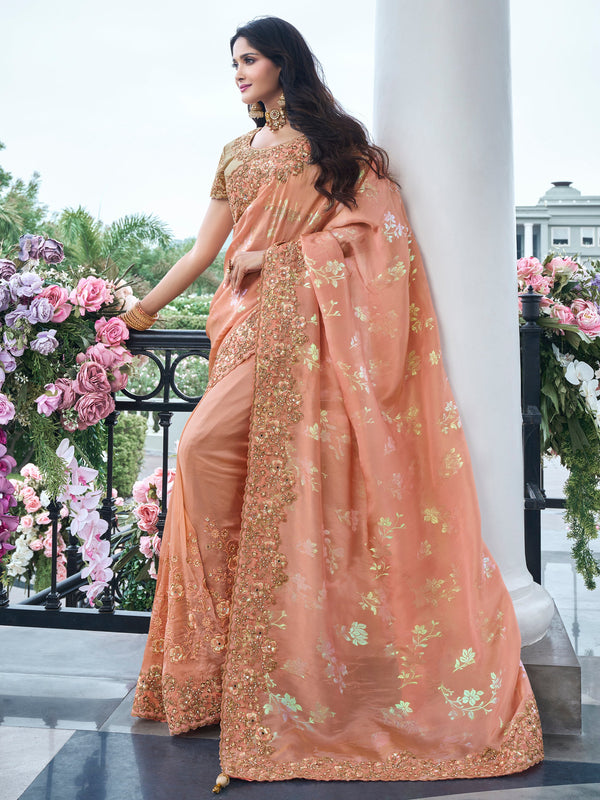 Spectacular Peach Zari Weaving Organza Festival Wear Saree With Blouse