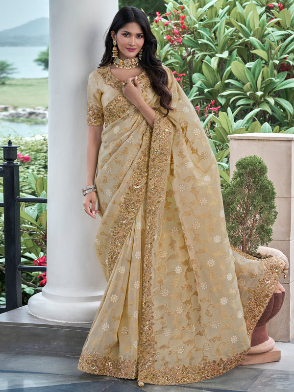 Amazing Cream Zari Woven Organza Silk Wedding Saree With Blouse