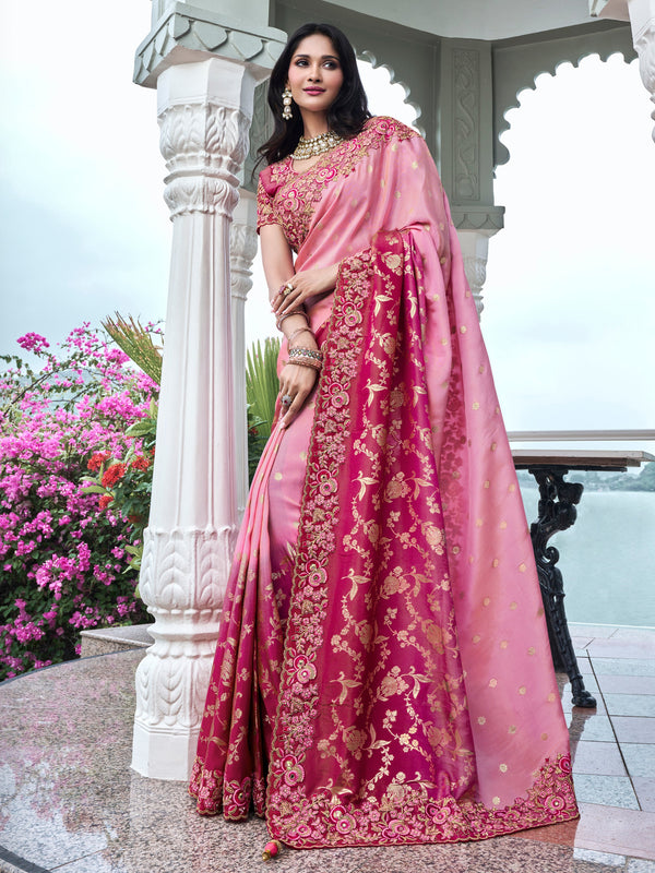 Dazzling Pink Zari Weaving Organza Engagement Wear Saree With Blouse