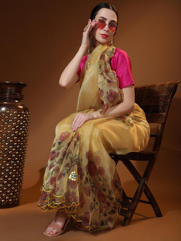 Yellow Digital Printed Organza Saree With Satin PInk Blouse Piece