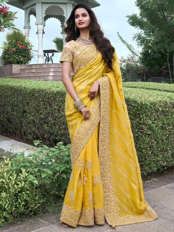 Fascinating Yellow Zari Weaving Organza Haldi Wear Saree With Blouse