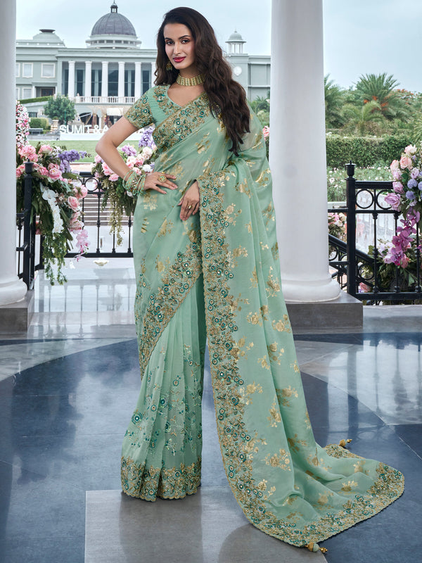 Attractive Sea Green Zari Weaving Organza Engagement Wear Saree