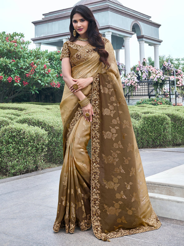 Adorable Brown Zari Woven Organza Silk Wedding Saree With Blouse