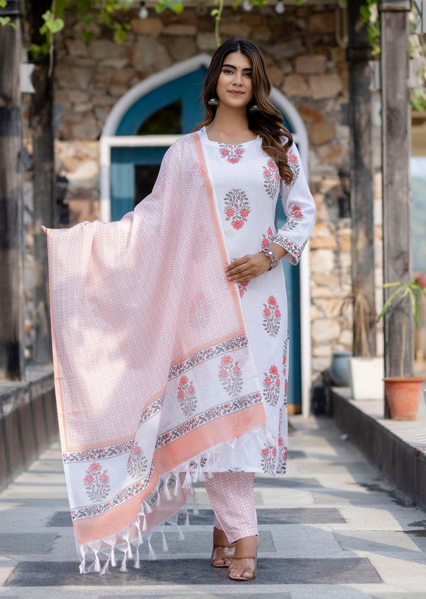 Ethnic Set Women Block Printed Kurta and Pant Set with Dupatta