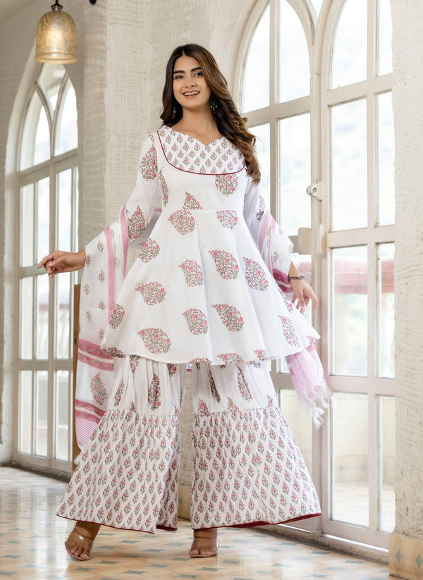 Ethnic Set Women Block Printed Kurta and Sharara Set With Dupatta