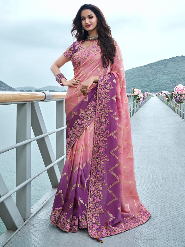 Sweet Pink Zari Weaving Organza Silk Wedding Wear Saree