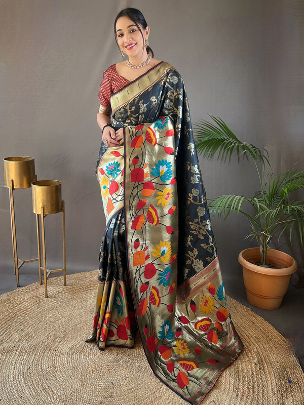 Charming Black Weaving Paithani Silk Traditional Saree With Blouse