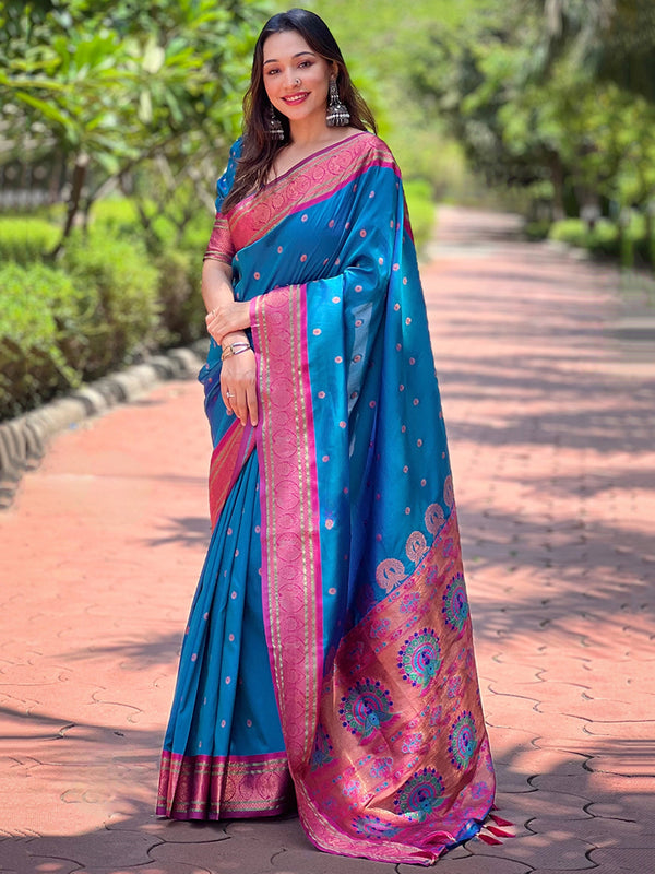 Stunning Blue Zari Weaving Paithani Silk Traditional Saree With Blouse