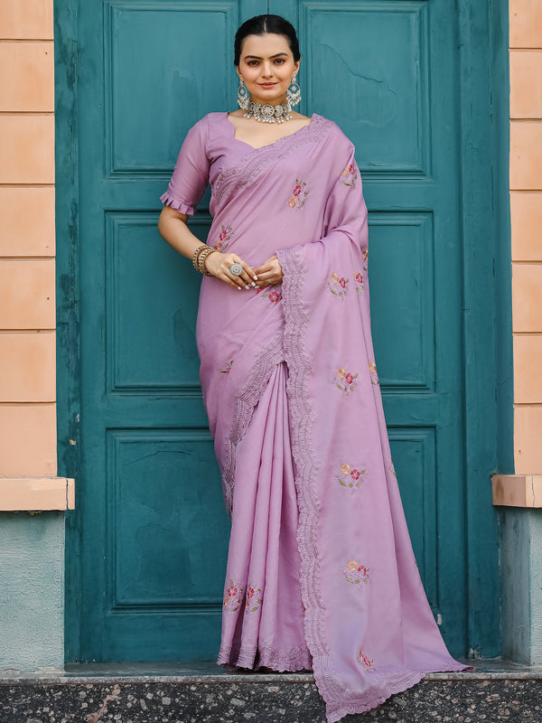 Attractive Lavender Embroidered Cotton Event Wear Saree With Blouse