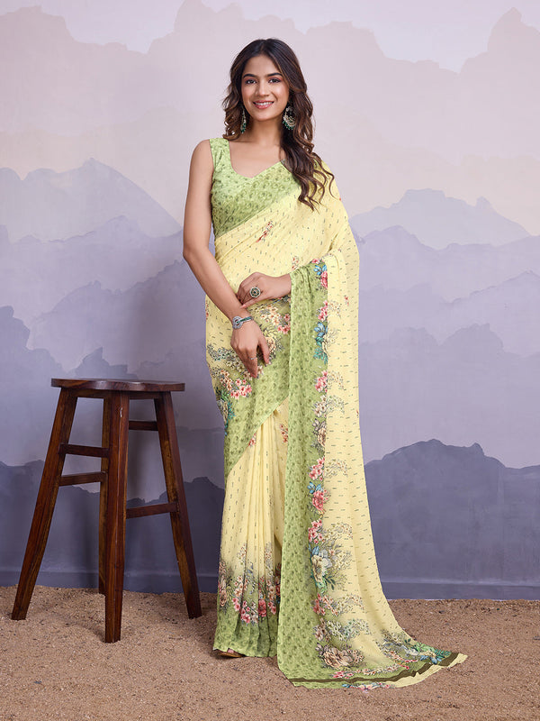 Yellow Poly Chiffon Saree With Blouse Piece