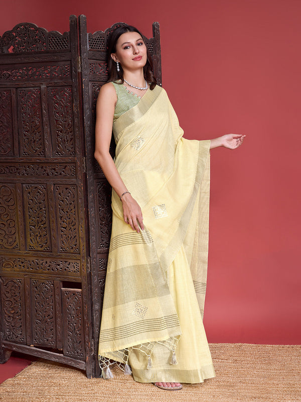 Yellow Linen Saree With Blouse Piece