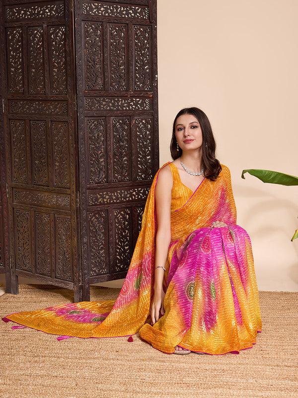 Yellow Weightless Poly Chiffon Saree With Blouse Piece