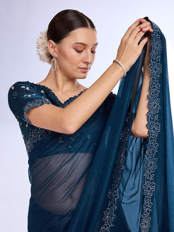 Blue Georgette Saree With Blouse Piece