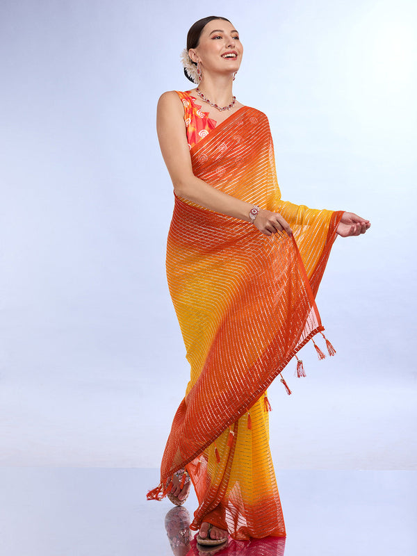 Yellow & Orange Weightless Saree With Blouse Piece