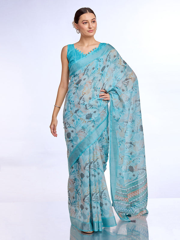 Blue Linen Blend Saree With Blouse Piece