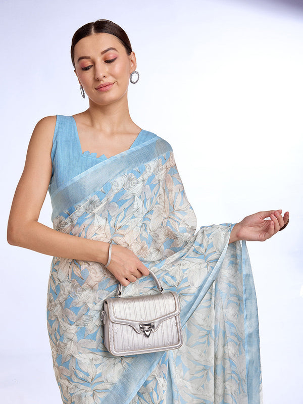 Blue Linen Blend Saree With Blouse Piece