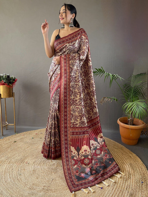 Appealing Cream Digital Printed Silk Event Wear Saree