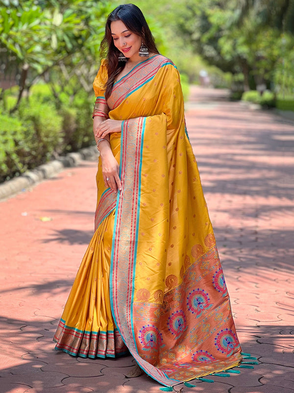 Enchanting Yellow Zari Weaving Paithani Silk Haldi Wear Saree