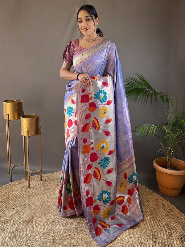 Lovely Lavender Weaving Paithani Silk Event Wear Saree With Blouse