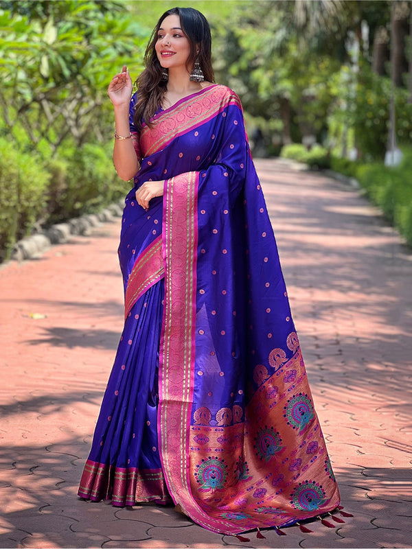 Fascinating Blue Zari Weaving Paithani Silk Festival Wear Saree