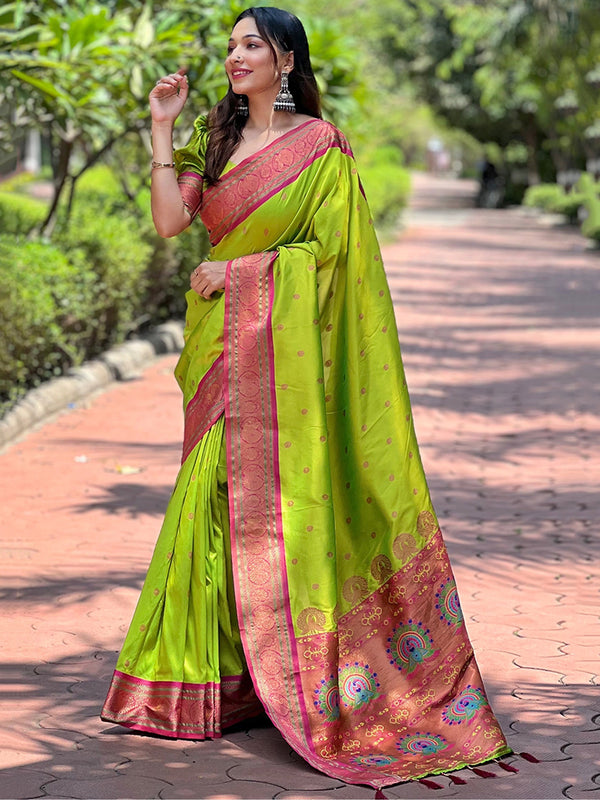 Captivating Green Zari Weaving Paithani Silk Saree With Blouse