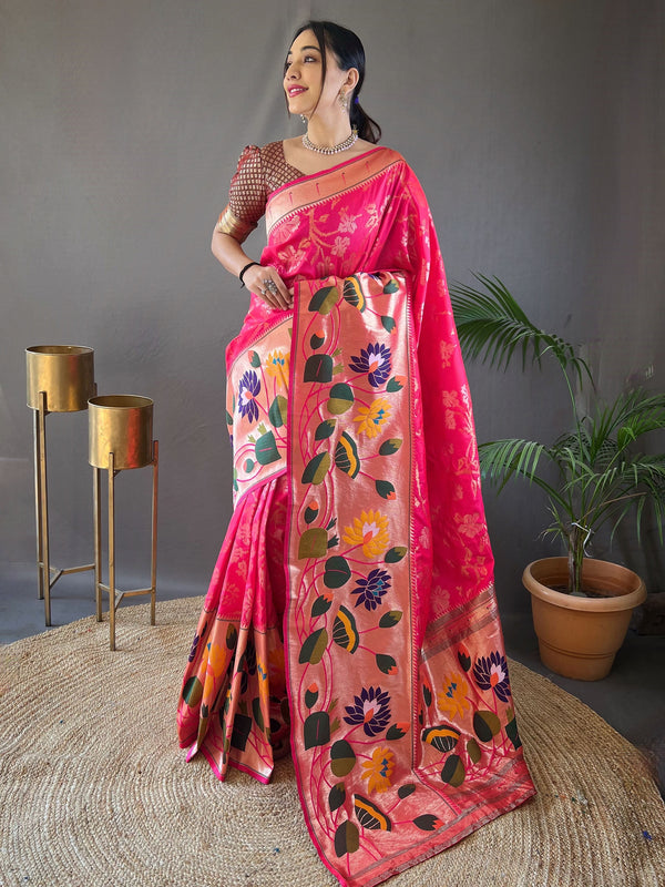 Precious Pink Weaving Paithani Silk Function Wear Saree With Blouse