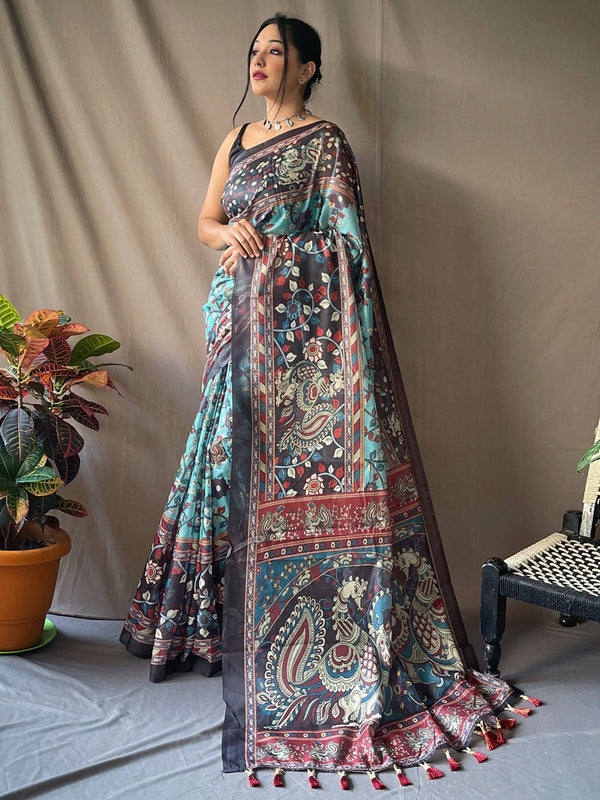 Astonishing Sky-Blue Kalamkari Printed Cotton Event Wear Saree