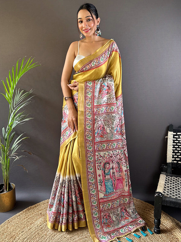 Wonderful Yellow Madhubani Print Silk Festival Wear Saree With Blouse