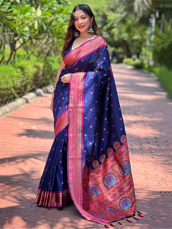 Mesmerizing Navy Blue Zari Weaving Paithani Silk Event Wear Saree