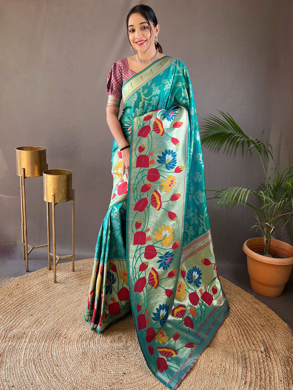 Gorgeous Teal Green Weaving Paithani Silk Saree With Blouse