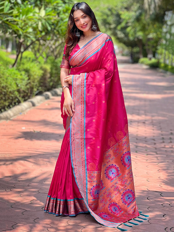 Bewitching Rani Pink Zari Weaving Paithani Silk Saree With Blouse