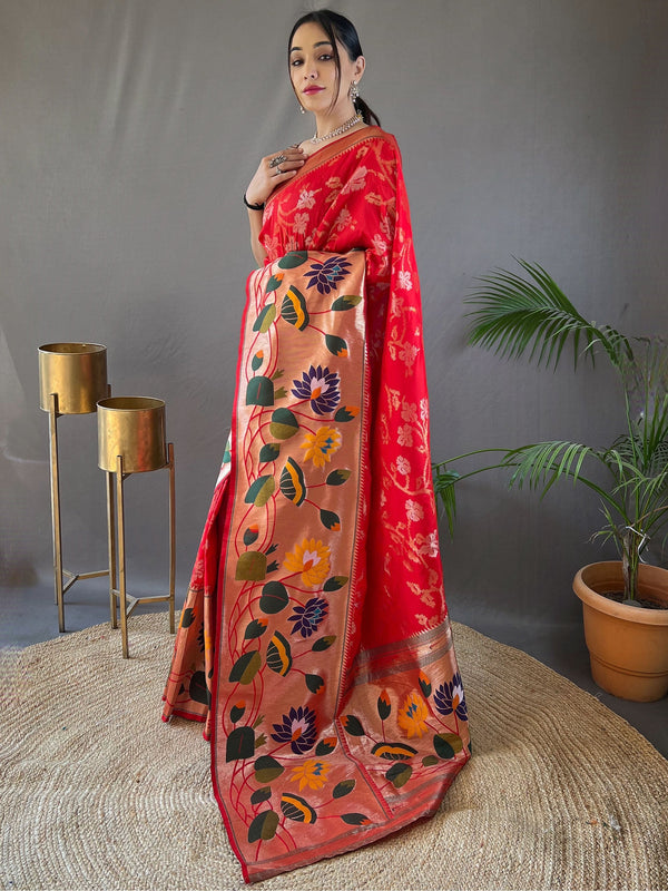 Stunning Red Weaving Paithani Silk Festival Wear Saree With Blouse