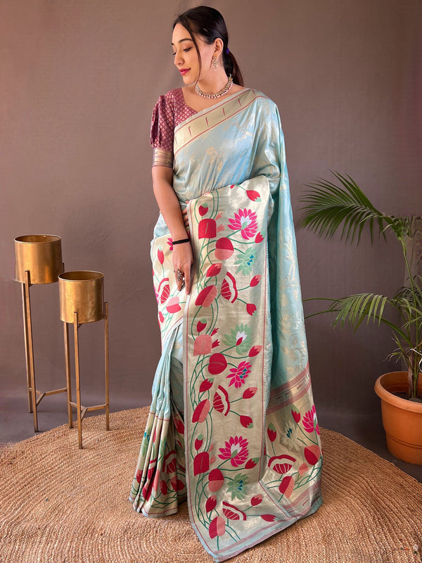 Captivating Sky Blue Weaving Paithani Silk Traditional Saree With Blouse