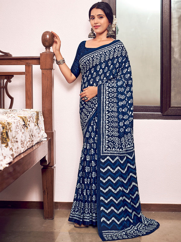 Blue  Mulmul Cottons Saree With Blouse Piece