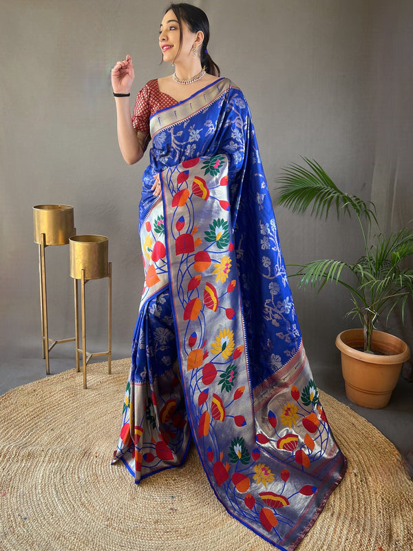 Magnetic Blue Weaving Paithani Silk Event Wear Saree With Blouse