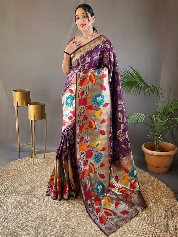 Beautiful Purple Weaving Paithani Silk Festival Wear Saree With Blouse