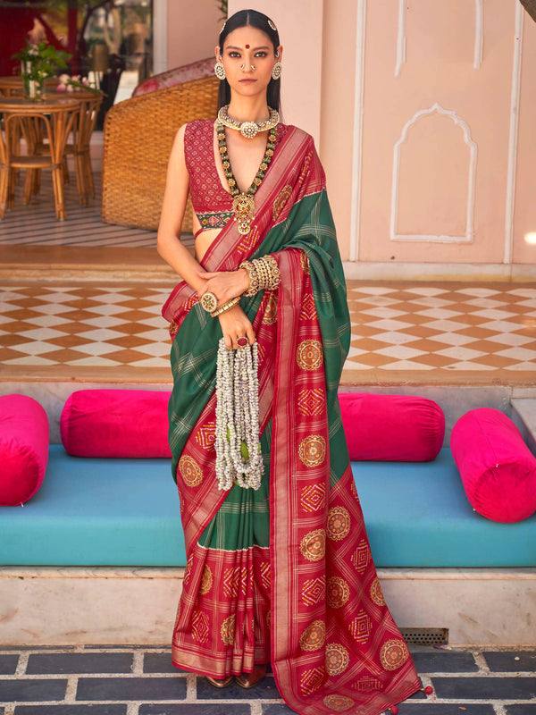 Astonishing Green Patola Printed Silk Saree With Blouse