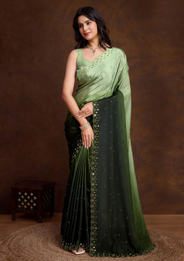 Green Ombre Chinon Saree With Mirror Border