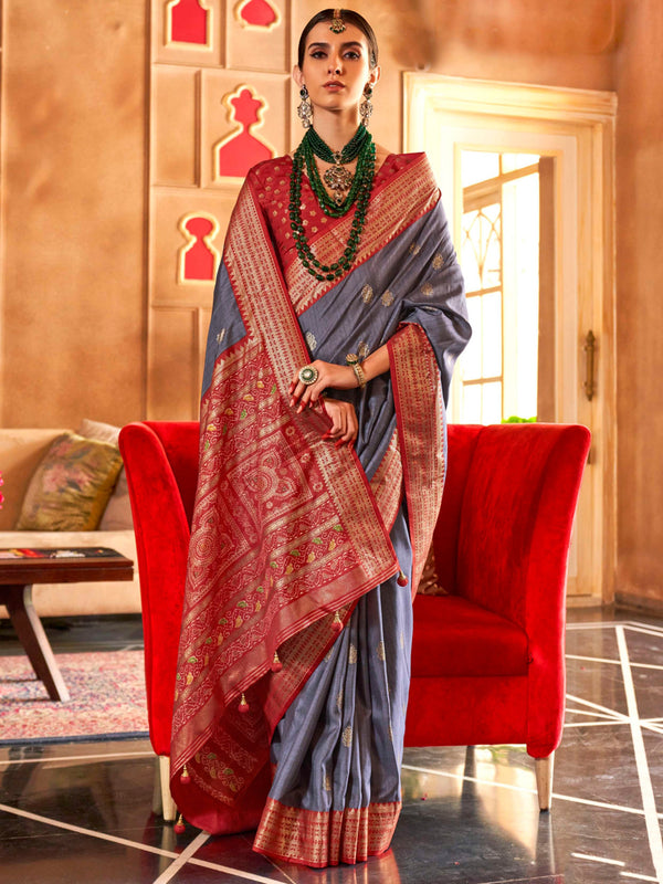 Attractive Grey Zari Weaving Patola Silk Saree With Blouse