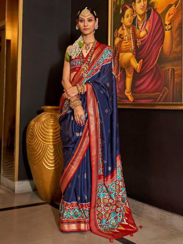 Alluring Navy Blue Patola Printed Silk Teaditional Saree With Blouse