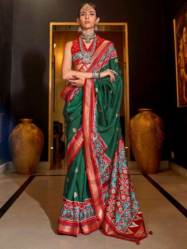 Beautiful Green Patola Printed Silk Event Wear Saree With Blouse