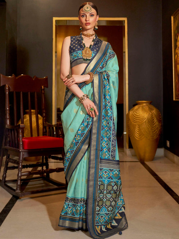 Astonishing Sky-Blue Patola Printed Silk Festival Wear Saree With Blouse