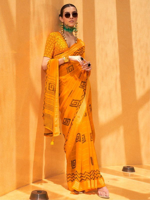 Alluring Yellow Foil Printed Georgette Haldi Wear Saree With Blouse