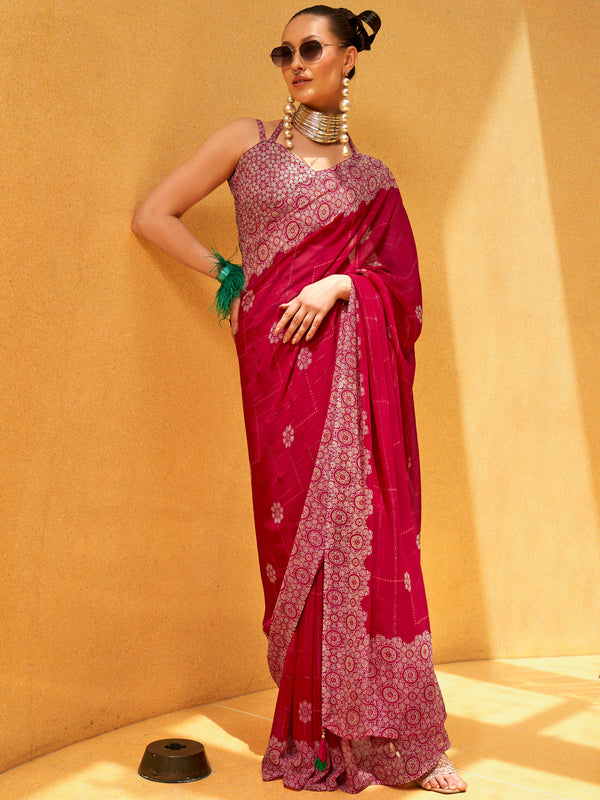 Stunning Pink Foil Printed Georgette Wedding Saree With Blouse