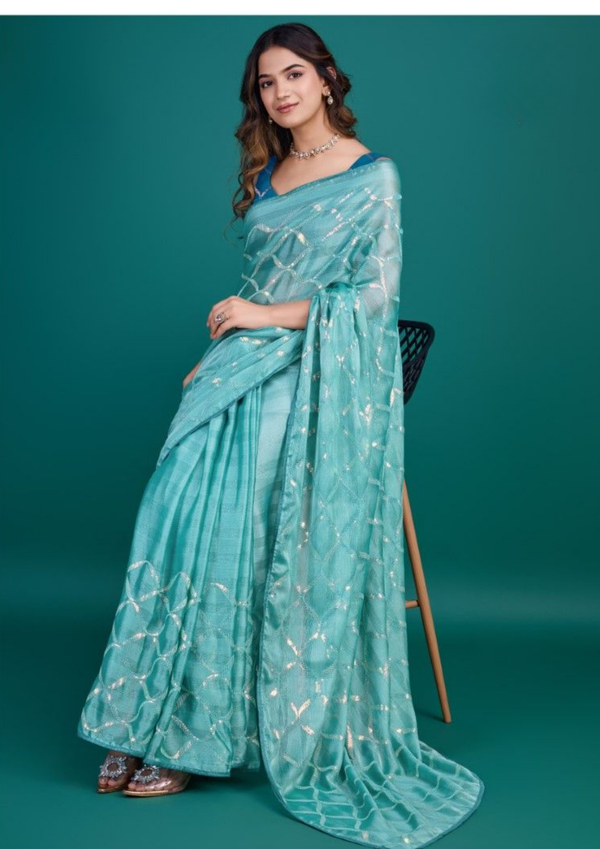 Turquoise Blue Shimmer Georgette Saree