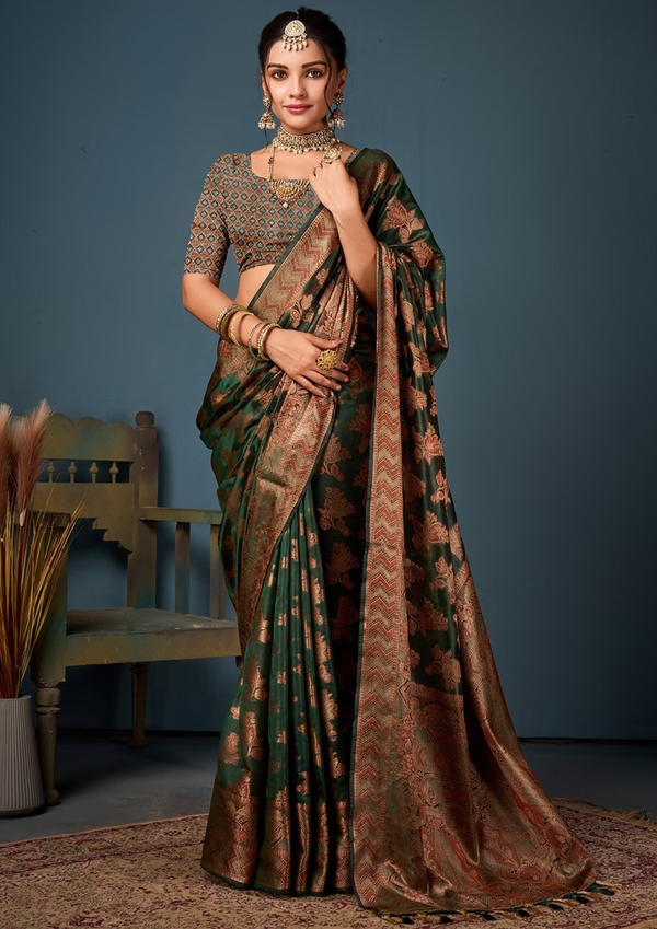 Bottle Green Zari Woven Saree With Unstitched Blouse