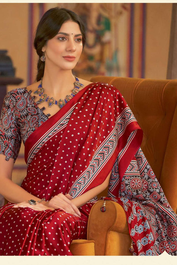 Medium Carmine Red and Maroon Ajrakh Printed Satin Crepe Saree