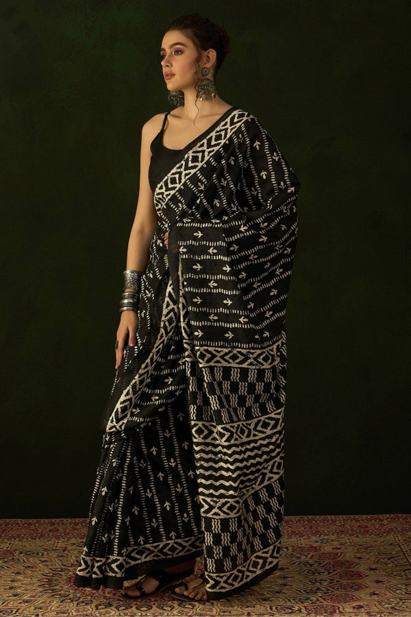 Obsidian Black Ajrakh Printed Saree