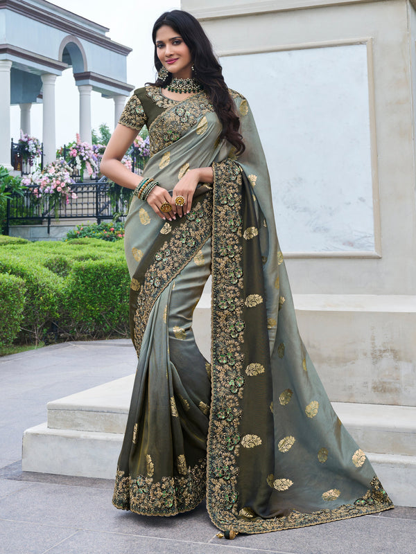 Stunning Grey Zari Weaving Organza Festival Wear Saree With Blouse