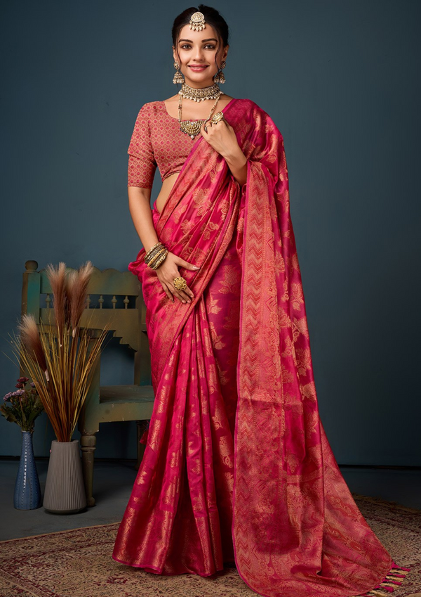 Bottle Pink Zari Woven Saree With Unstitched Blouse